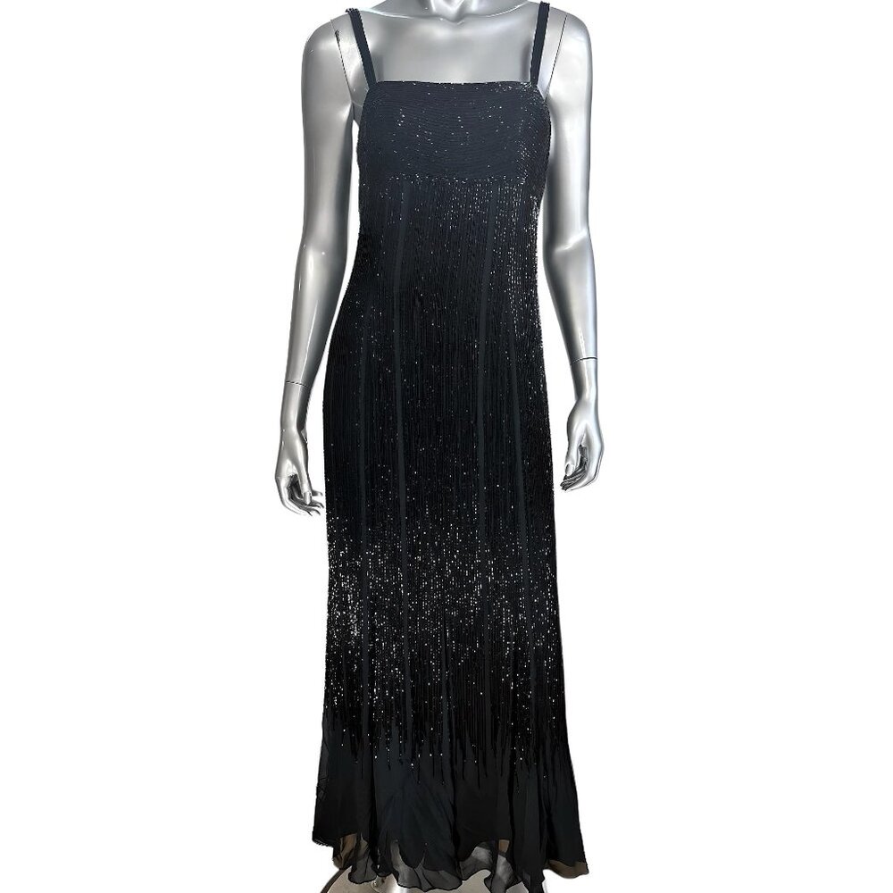 Vintage Oleg Cassini Silk Black Beaded Formal Evening Gown Dress